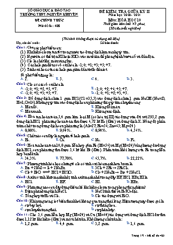 Đề kiểm tra giữa học kỳ II môn Hóa học Lớp 10 - Mã đề 485 - Năm học 2020-2021 - Trường THPT Nguyễn Khuyến