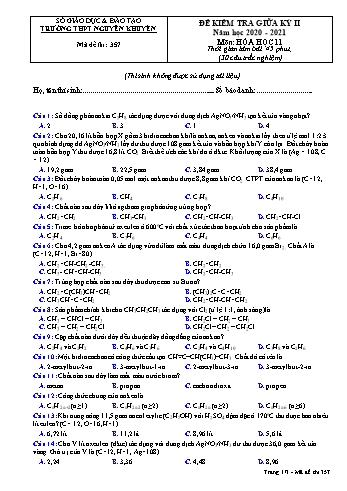 Đề kiểm tra giữa học kỳ II môn Hóa học Lớp 11 - Mã đề 357 - Năm học 2020-2021 - Trường THPT Nguyễn Khuyến