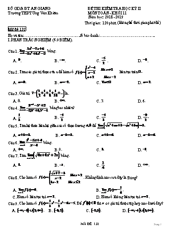 Đề kiểm tra học kỳ II môn Toán Lớp 11 - Mã đề 132 - Năm học 2018-2019 - Trường THPT Ung Văn Khiêm