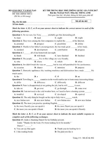 Đề thi THPT Quốc gia môn Tiếng Anh năm 2017 - Mã đề 402