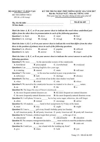 Đề thi THPT Quốc gia môn Tiếng Anh năm 2017 - Mã đề 405