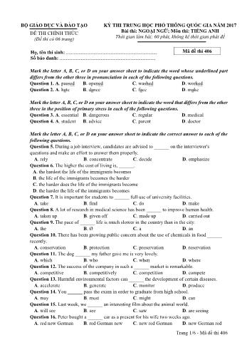 Đề thi THPT Quốc gia môn Tiếng Anh năm 2017 - Mã đề 406
