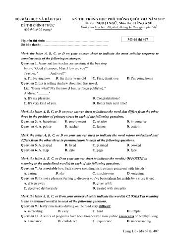 Đề thi THPT Quốc gia môn Tiếng Anh năm 2017 - Mã đề 407