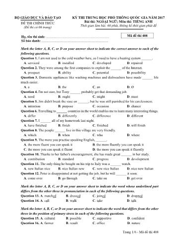 Đề thi THPT Quốc gia môn Tiếng Anh năm 2017 - Mã đề 408