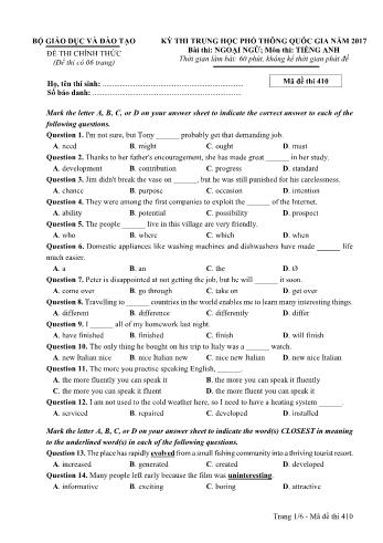 Đề thi THPT Quốc gia môn Tiếng Anh năm 2017 - Mã đề 410