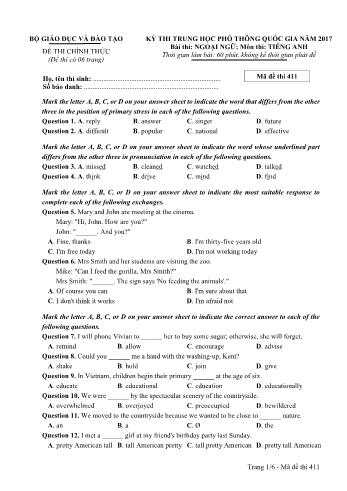 Đề thi THPT Quốc gia môn Tiếng Anh năm 2017 - Mã đề 411