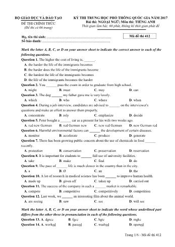 Đề thi THPT Quốc gia môn Tiếng Anh năm 2017 - Mã đề 412