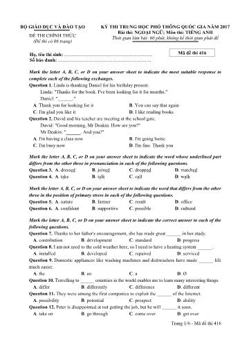 Đề thi THPT Quốc gia môn Tiếng Anh năm 2017 - Mã đề 416