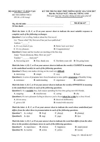 Đề thi THPT Quốc gia môn Tiếng Anh năm 2017 - Mã đề 417