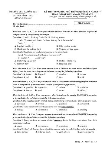Đề thi THPT Quốc gia môn Tiếng Anh năm 2017 - Mã đề 418