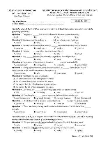 Đề thi THPT Quốc gia môn Tiếng Anh năm 2017 - Mã đề 420
