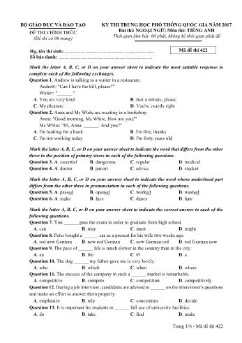 Đề thi THPT Quốc gia môn Tiếng Anh năm 2017 - Mã đề 422