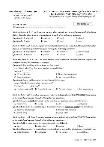 Đề thi THPT Quốc gia môn Tiếng Anh năm 2017 - Mã đề 423