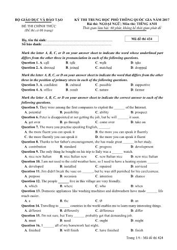 Đề thi THPT Quốc gia môn Tiếng Anh năm 2017 - Mã đề 424