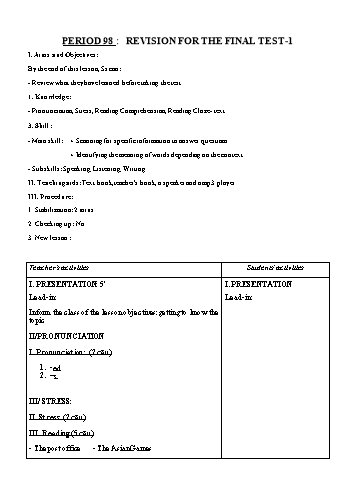 Giáo án Tiếng Anh Lớp 11 - Period 98: Revision for the final test