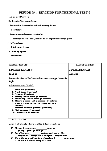 Giáo án Tiếng Anh Lớp 11 - Period 99: Revision for the final test - Trường THPT Châu Phú