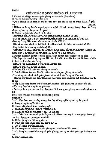 Nội dung ôn tập môn Giáo dục công dân Lớp 11 - Bài 14: Chính sách quốc phòng và an ninh - Trường THPT Châu Phú
