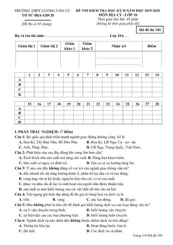 2 Đề kiểm tra học kỳ II môn Địa lí Lớp 10 - Năm học 2019-2020 - Trường THPT Lương Văn Cù (Có đáp án)
