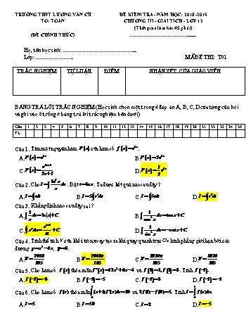 4 Đề kiểm tra 1 tiết Chương III môn Giải tích Lớp 12 - Năm học 2018-2019 - Trường THPT Lương Văn Cù (Có đáp án)