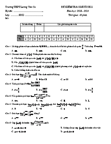 4 Đề kiểm tra 1 tiết Chương IV môn Giải tích Lớp 11 - Năm học 2018-2019 - Trường THPT Lương Văn Cù