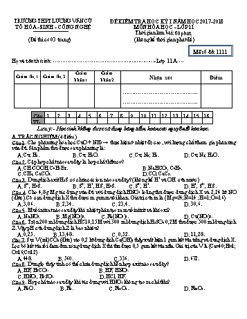 4 Đề kiểm tra học kỳ I môn Hóa học Lớp 11 - Năm học 2017-2018 - Trường THPT Lương Văn Cù