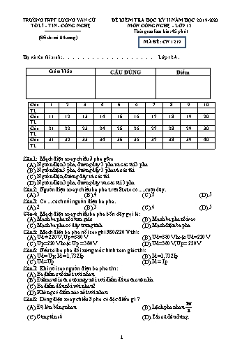 4 Đề kiểm tra học kỳ II môn Công nghệ Lớp 12 - Mã đề CN 1219 - Năm học 2019-2020 - Trường THPT Lương Văn Cù (Có đáp án)