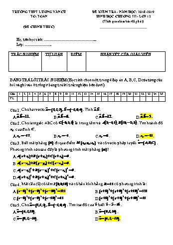 Bộ đề kiểm tra 1 tiết Chương 3 môn Hình học Lớp 12 - Năm học 2018-2019 - Trường THPT Lương Văn Cù (Có đáp án)