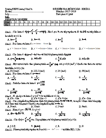 Bộ đề kiểm tra 1 tiết chương Đạo hàm môn Đại số Lớp 11 - Năm học 2017-2018 - Trường THPT Lương Văn Cù