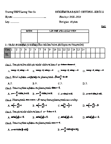 Bộ đề kiểm tra 1 tiết Chương I môn Đại số Lớp 11 - Năm học 2018-2019 - Trường THPT Lương Văn Cù (Có đáp án)