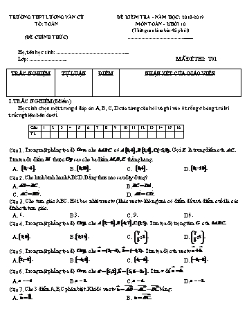 Bộ đề kiểm tra 1 tiết Chương I môn Hình học Lớp 10 - Năm học 2018-2019 - Trường THPT Lương Văn Cù