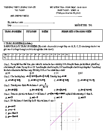 Bộ đề kiểm tra 1 tiết Chương II môn Đại số Lớp 10 - Năm học 2018-2019 - Trường THPT Lương Văn Cù (Có đáp án)