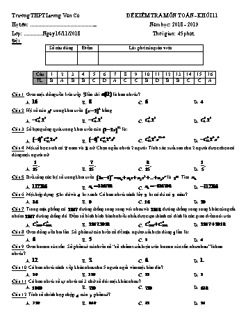 Bộ đề kiểm tra 1 tiết Chương II môn Giải tích Lớp 11 - Năm học 2018-2019 - Trường THPT Lương Văn Cù (Có đáp án)