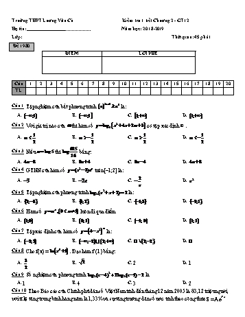 Bộ đề kiểm tra 1 tiết Chương II môn Giải tích Lớp 12 - Năm học 2018-2019 - Trường THPT Lương Văn Cù (Có đáp án)