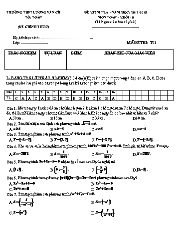 Bộ đề kiểm tra 1 tiết Chương III môn Đại số Lớp 10 - Năm học 2017-2018 - Trường THPT Lương Văn Cù (Có đáp án)