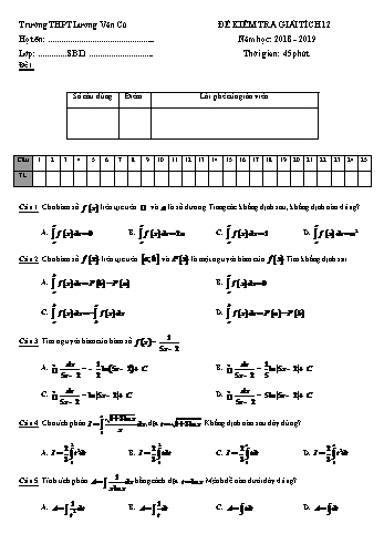 Bộ đề kiểm tra 1 tiết Chương III môn Giải tích Lớp 12 - Năm học 2018-2019 - Trường THPT Lương Văn Cù (Có đáp án)