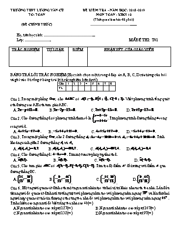 Bộ đề kiểm tra 1 tiết Chương III môn Hình học Lớp 10 - Năm học 2018-2019 - Trường THPT Lương Văn Cù