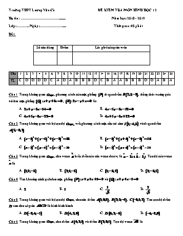 Bộ đề kiểm tra 1 tiết Chương III môn Hình học Lớp 12 - Năm học 2018-2019 - Trường THPT Lương Văn Cù (Có đáp án)