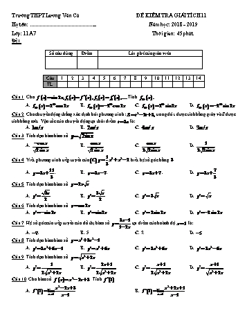 Bộ đề kiểm tra 1 tiết Chương V môn Giải tích Lớp 11 - Năm học 2018-2019 - Trường THPT Lương Văn Cù (Có đáp án)