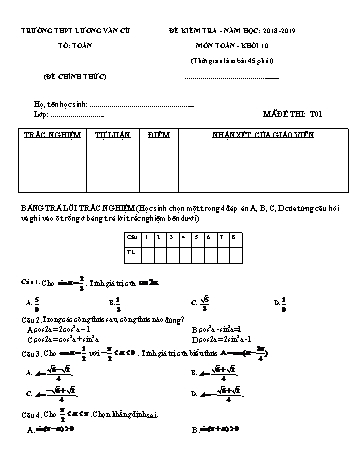 Bộ đề kiểm tra 1 tiết Chương VI môn Đại số Lớp 10 - Năm học 2018-2019 - Trường THPT Lương Văn Cù