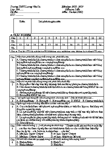 Bộ đề kiểm tra 1 tiết lần 1 học kỳ I môn Tin học Lớp 10 - Năm học 2018-2019 - Huỳnh Thiện Phước Trường THPT Lương Văn Cù