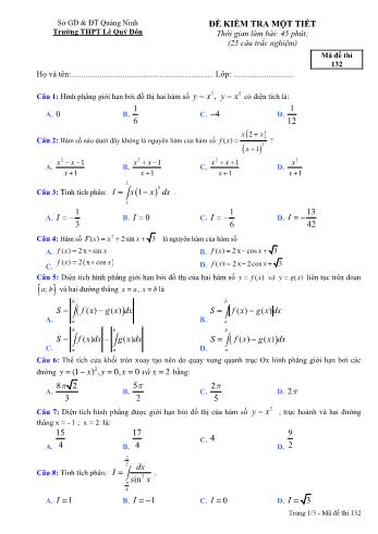 Bộ đề kiểm tra 1 tiết lần 1 học kỳ II môn Giải tích Lớp 12