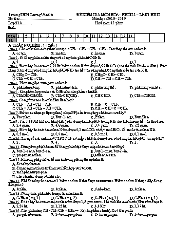 Bộ đề kiểm tra 1 tiết lần 2 học kỳ I môn Hóa học Lớp 11 - Năm học 2018-2019 - Trường THPT Lương Văn Cù