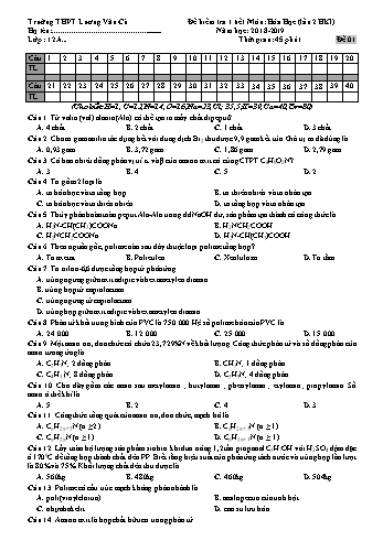 Bộ đề kiểm tra 1 tiết lần 2 học kỳ I môn Hóa học Lớp 12 - Năm học 2018-2019 - Trường THPT Lương Văn Cù