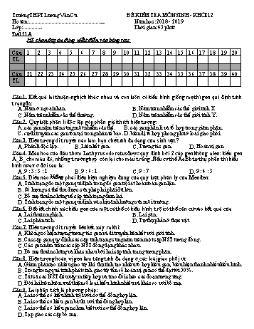 Bộ đề kiểm tra 1 tiết lần 2 học kỳ I môn Sinh học Lớp 12 - Năm học 2018-2019 - Trường THPT Lương Văn Cù (Có đáp án)