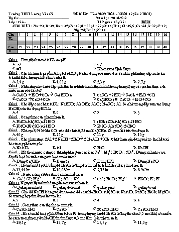 Bộ đề kiểm tra 1 tiết lần 2 học kỳ II môn Hóa học Lớp 12 - Năm học 2018-2019 - Trường THPT Lương Văn Cù