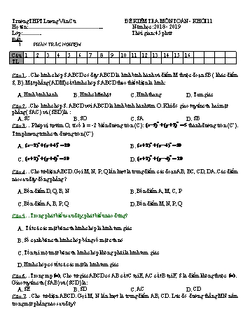 Bộ đề kiểm tra 1 tiết lần 3 môn Hình học Lớp 11 - Năm học 2018-2019 - Trường THPT Lương Văn Cù (Có đáp án)