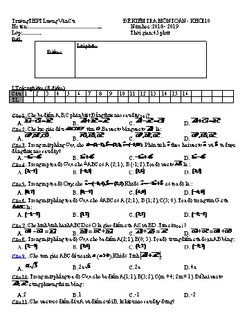 Bộ đề kiểm tra 1 tiết môn Hình học Lớp 10 - Năm học 2018-2019 - Trường THPT Lương Văn Cù (Có đáp án)