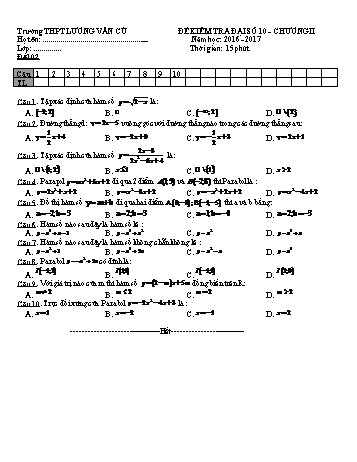 Bộ đề kiểm tra 15 phút Chương II môn Đại số Lớp 10 - Năm học 2016-2017 - Trường THPT Lương Văn Cù