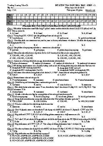 Bộ đề kiểm tra 45 phút lần 2 học kỳ I môn Hóa học Lớp 12 - Năm học 2018-2019 - Trường THPT Lương Văn Cù