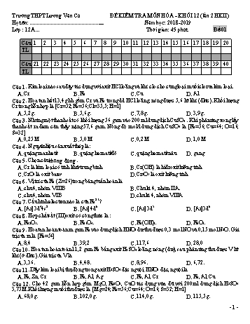 Bộ đề kiểm tra 45 phút lần 2 học kỳ II môn Hóa học Lớp 12 - Năm học 2018-2019 - Trường THPT Lương Văn Cù